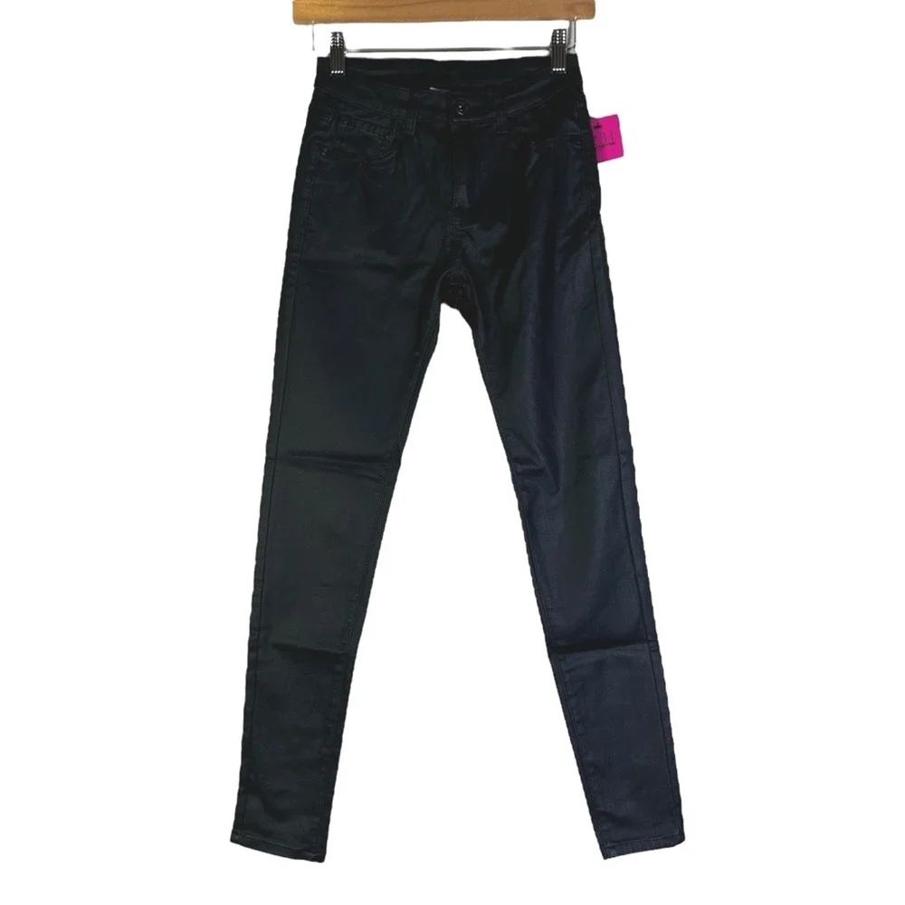 NWT Six Denim High Rise Coated Skinny Faux Leather Pants Black Edgy Stretch Sz S